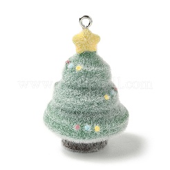 クリスマスフロッキー不透明樹脂ペンダント  プラチナ鉄ループ付き  クリスマスツリー  40x25x26mm  穴：1.8mm&nbsp;FIND-A058-01B
