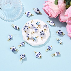 青と白の花柄プリントの磁器製ペンダント 20個  黄金色の鉄のループ  ハート  21mm  穴：3.3mm&nbsp;PALLOY-YW00112-01