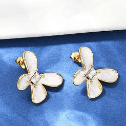 304ステンレススチール製バタフライスタッドピアス  ラインストーン＆エナメル  18KGP本金メッキ  ホワイト  18.5x23mm&nbsp;EJEW-S268-01G-B