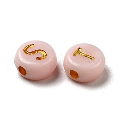 メッキアクリルビーズ  ゴールドライン入り  水平穴  アルファベット付きフラットラウンド  ライトサーモン  6.5~7x3.5~4mm  穴：1.6mm  3600G /約500g&nbsp;OACR-P017-A04