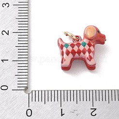 スプレー塗装とプリントを施した真鍮製ペンダント  アーガイル柄のチャームをつけた犬  ゴールドカラー  インディアンレッド  14x15.5x8mm  穴：4mm&nbsp;KK-CBA109E-05C
