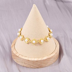 真鍮とホワイトのラウンドABSプラスチックパールシェルシェイプリンクチェーンブレスレット（女性用）  長持ちメッキ  ラックめっき  18KGP本金メッキ  6-7/8インチ（17.4cm）&nbsp;BJEW-L707-03G