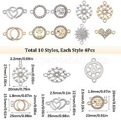 クリスタルラインストーン付き合金コネクターチャーム40個、10スタイル  フラットラウンド＆リング＆ハート  混合図形  プラチナ·ゴールデン  9~27x16~25x1.7~2.5mm  穴：1.5~2.4mm  4個/スタイル&nbsp;ALRI-SC0001-34