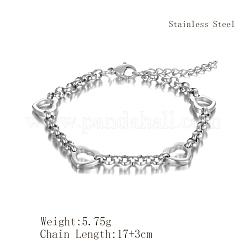 ステンレススティールハートリンクブレスレット  女性用ローロチェーンブレスレット  中空  ステンレス鋼色  6-3/4インチ（17cm）&nbsp;US7880-1