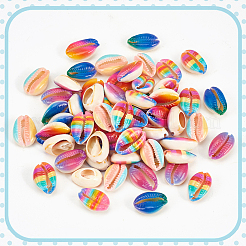60個 6色プリント天然タカラガイビーズ  穴なし/ドリルなし  虹のスタイル  ミックスカラー  18~21x12~15x7mm  10個/カラー&nbsp;SSHEL-NB0001-42