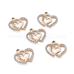 合金クリスタルラインストーンペンダント  ダブルハートチャーム  ライトゴールド  19x20x4mm  穴：2mm&nbsp;ALRI-C008-45KCG