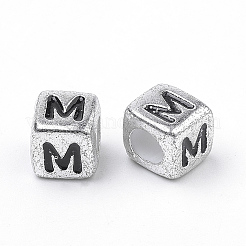 メッキアクリルビーズ  水平穴  文字付きのキューブ  アンティークシルバー  文字.m  6mm  穴：3mm&nbsp;X1-PB43C9308-M
