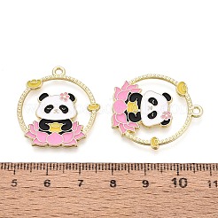 合金エナメルチャーム  フラットラウンド＆パンダと花のチャーム  ライトゴールド  ピンク  28.5x26.5x1.5mm  穴：1.8mm&nbsp;ENAM-T021-80A-G