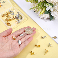 36個 6スタイル 304ステンレススチールスタッドピアス金具  ピアスキャッチとカン付き  葉  ゴールデン·ステンレス鋼色  13.5~19x8mm  穴：1mm  ピン：0.7mm  6個/スタイル&nbsp;STAS-BBC0010-44