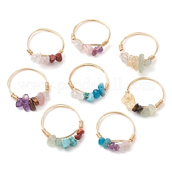 天然宝石チップの指輪  女性用ゴールデントーン銅線ラップジュエリー  内径：17.9~18.4mm  8個/セット&nbsp;RJEW-JR00800