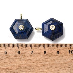 染めの天然ラピスラズリのペンダント  ファセット加工された六角形のチャーム、真鍮のマイクロパヴェクリアキュービックジルコニア留め  ゴールドカラー  21~22x19~20x6.5~7.5mm  穴：3.5x2.5mm&nbsp;G-P588-02G-05