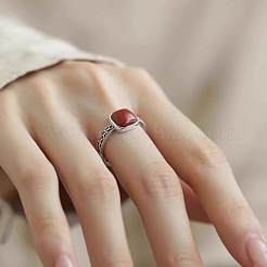 女性用真鍮と樹脂の指輪  正方形  アンティークシルバー  暗赤色  内径: 調節可能&nbsp;FS-WG4020A-01