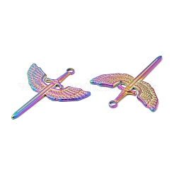 304ステンレスペンダント  翼のチャームが付いた剣  虹色  41.5x35.5x2mm  穴：3mm&nbsp;STAS-Z041-31RC