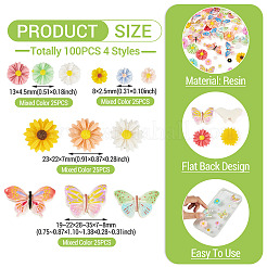 100個4スタイル不透明樹脂カボション  花＆蝶  ミックスカラー  8~23x8~35x2.5~8mm  25個/スタイル&nbsp;CRES-TA0001-92