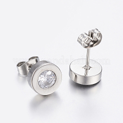 304ステンレススチールスタッドピアス  キュービックジルコニア付き  フラットラウンド  ステンレス鋼色  9x3.5mm  ピン：0.8mm&nbsp;EJEW-H357-05P
