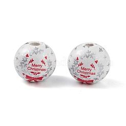 印刷された天然木のヨーロッパのビーズ  大穴ビーズ  クリスマスの葉模様の丸い  ホワイト  19mm  穴：4mm&nbsp;WOOD-C015-06C