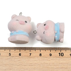 フロッキー樹脂ペンダント  豚  プラチナ鉄ループ付き  ミスティローズ  30x23x20mm  穴：2mm&nbsp;FIND-A052-02
