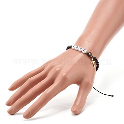 女の子の女性のためのハート編みビーズブレスレットが大好き  アクリル&天然マレーシアジェイド(染め)ビーズエナジーブレスレット  クロス 304 ステンレススチール チャーム ブレスレット  ゴールドカラー  ブラック  内径：2-1/4インチ（5.6~9cm）&nbsp;BJEW-JB06959-02