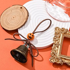 ハロウィーンの鉄のベルの吊り下げ飾り  家のドアの壁の装飾用の木製の丸いビーズとフェイクスエードコード  オレンジ  113mm&nbsp;HJEW-JM02427