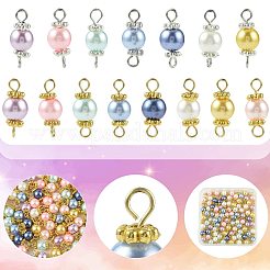 96スタイルのガラスパールコネクターチャーム2個  304ステンレス鋼の金具  ラウンド  プラチナ·ゴールデン  ミックスカラー  14.6mm  穴：1.1mm&nbsp;PALLOY-FS00064