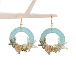 合金エナメルダングルピアス  ヒトデとリング  女性用レジン＆ラインストーンのドロップピアス  ゴールドカラー  空色  66x48mm&nbsp;WGF042D-01