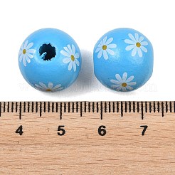 プリントウッドヨーロピアンビーズ  花模様の丸  大穴ビーズ  ディープスカイブルー  16~16.5x14.5mm  穴：4.5mm&nbsp;WOOD-G029-07B