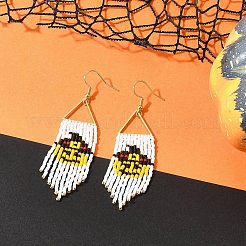 ハロウィンテーマのガラスシード編み込みカボチャシャンデリアピアス  女性用ゴールド 304 ステンレス タッセル イヤリング  ゴールド  80x18.5mm&nbsp;EJEW-MZ00085