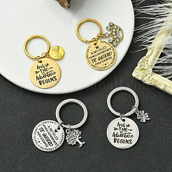 201ステンレススチール＆合金エナメルキーチェーン  真鍮のリング付き  フラットラウンド  ゴールドカラー  5.5cm  ペンダント：18~30mm&nbsp;KEYC-YW00103-01