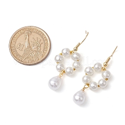 女性用プラスチックパールと真鍮のダングルイヤリング  滴る鏡  ホワイト  ゴールドカラー  45.9x17.4mm&nbsp;EJEW-JE05991