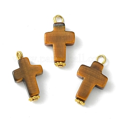 天然石タイガーアイペンダント  金メッキ合金ループ付き  クロスチャーム  19~19.5x11x4~4.5mm  穴：2.5mm&nbsp;PALLOY-JF02174