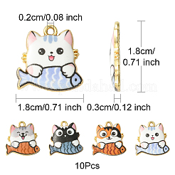 ラックメッキ合金エナメルペンダント10個。  ゴールドカラー  猫のチャーム  ミックスカラー  18x18x3mm  穴：2mm&nbsp;FIND-FS0002-53B