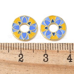 真鍮製エナメルビーズ  鉛フリー＆カドミウムフリー  長持ちメッキ  花付きフラットラウンド  18KGP本金メッキ  コーンフラワーブルー  11x1.5mm  穴：3.5mm&nbsp;KK-P290-31G-01