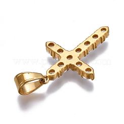 304ステンレスペンダント  キュービックジルコニアとスナップオンベイル  クロス  透明  ゴールドカラー  37.5x25x3.5mm  穴：5x7mm&nbsp;STAS-E439-88G