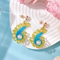 女性用ガラスシードビーズ＆ガラスパールビーズコンクダングルスタッドピアス  鉄パーツ  ディープスカイブルー  44.5x24mm&nbsp;EJEW-MZ00269-01
