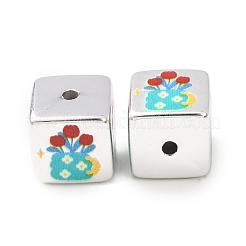 プリントメッキアクリルビーズ  キューブ  銀メッキ  ターコイズ  花  14x14x14mm  穴：2.5mm&nbsp;AC-CBA655C-17F