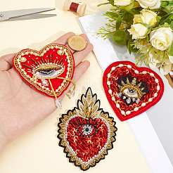 3個 3スタイル ハートと目 ポリエステル 縫い付けパッチ  アップリケ刺繍  ガラスビーズ  レッド  87~115x76~87x5.5~8mm  1個/スタイル&nbsp;DIY-GF0013-24