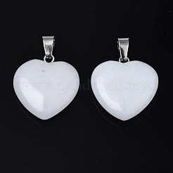 ハートの天然な白翡翠ペンダント  プラチナメッキ真鍮パーツ  20~22x20~21x5~8mm  穴：2x7mm&nbsp;X-G-Q438-01