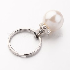 ステンレスキーホルダー  ラウンド  模造パールのアクリルビーズと真鍮ラインストーンスペーサービーズ付き  ホワイト  52mm&nbsp;X-KEYC-JKC00088