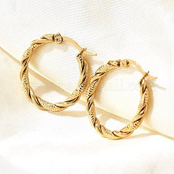 201 ステンレススチールフープピアス  304ステンレスピン付き  PVD真空メッキ  長持ちメッキ  ツイスト  ゴールドカラー  25.5x3mm&nbsp;EJEW-Q026-09G