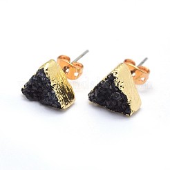 天然石ドゥルージークォーツクリスタルスタンドピアス  真鍮パーツ  三角形  ゴールドカラー  ブラック  10x11x4~7mm  ピン：0.7mm&nbsp;EJEW-F173-E08-G