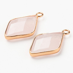 天然石ローズクォーツペンダント  ライトゴールドメッキ真鍮エッジ付き  菱形  多面カット  26x15.5x4.5mm  穴：2mm&nbsp;G-R464-005B