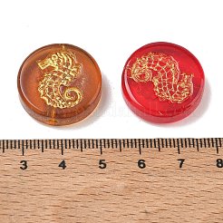 焼き絵の具、混合スタイル、ガラスビーズ  ゴールドライン入り  海の馬とフラットラウンド  ミックスカラー  22x6mm  穴：1.6mm&nbsp;GL-CBA8D6A-10