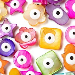 120個6スタイルの天然淡水シェルビーズ連売り  エナメル  染め  ハムサの手/ミリアムの手＆フラットラウンド＆ハート＆スクエア＆フラワー＆スターウィズイービルアイ  ミックスカラー  8~13x8.5~14x3~5mm  穴：0.8mm  20個/スタイル&nbsp;SHEL-LS0001-07