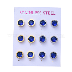 304ステンレススチールスタッドピアス  キュービックジルコニアとイヤーナット付き  ブルー  9.5mm  ピン：0.6mm  6のペア/カード&nbsp;STAS-D0001-04B