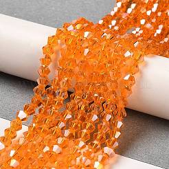 透明電気メッキガラスビーズ連売り  ABカラーメッキ  多面カット  双円錐形  オレンジ  4x4mm  穴：0.8~1mm  約75~78個/連  28~29cm&nbsp;EGLA-A039-T4mm-B23