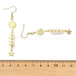 304ステンレススチールダングルイヤリング  星と太陽  シェルパール付き  ゴールドカラー  70x13mm&nbsp;EJEW-JE07299-01