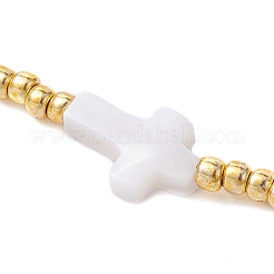 天然パール&シード編み込みビーズブレスレット  調節可能なブレスレット  クロス  ワイド：2~6.5mm  内径：2~3-3/8インチ（5.2~8.7cm）&nbsp;BJEW-JB09722-05