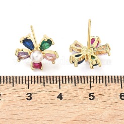 花の真鍮キュービックジルコニアスタッドピアス  absプラスチックパール  カドミウムフリー＆鉛フリー  長持ちメッキ  ラックめっき  18KGP本金メッキ  カラフル  13.5x14mm&nbsp;EJEW-P336-06G-01