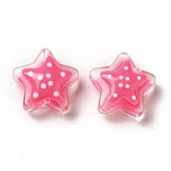 透明ガラスビーズ  水玉模様で  スター  濃いピンク  13x13x6.5mm  穴：1mm&nbsp;LAMP-M011-05E