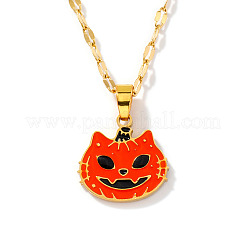304ステンレススチール製エナメルハロウィン猫かぼちゃペンダントチェーンネックレス  ゴールドカラー  レッドオレンジ  15.75インチ（40cm）&nbsp;TA2599